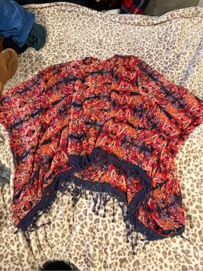 Vibrant Floral Tassel Kimono in Navy & Orange-Red Free Size